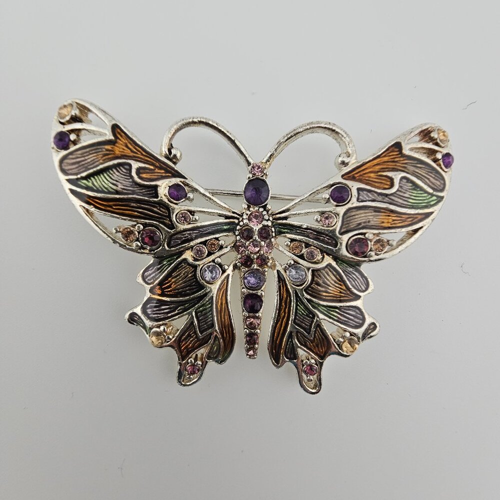 Monet Rhinestone Enamel Butterfly Brooch Pin Silvertone